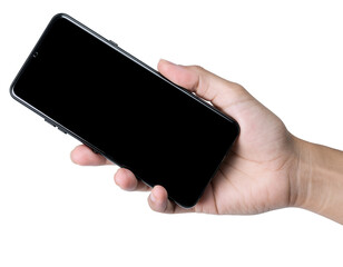 holding black smartphone from bottom edge, screen facing viewer