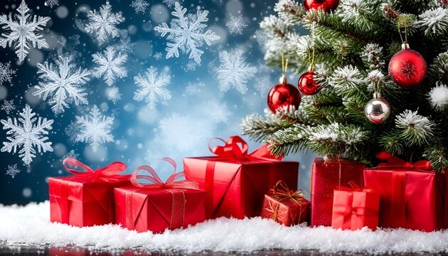 christmas tree and gifts,Christmas or New Year's tree decorated with red balls, as well as gifts in red wrapping paper lying under the Christmas tree on the snow,Background for Christmas greetings