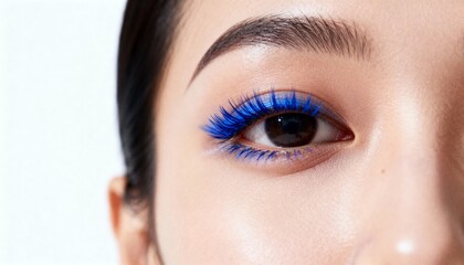 Close-up of an eye with vibrant blue mascara on eyelashes.