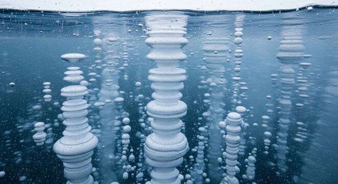Underwater view of frozen lake with trapped methane gas bubbles forming unique ice stalagmite shapes