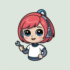 Cute girl robot logo, robot girl wears headphone, robot girl holds a small wrench in her left hand