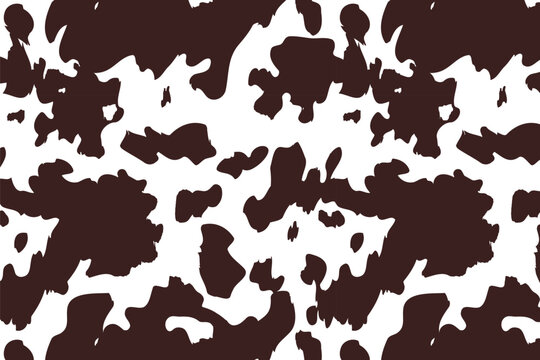Cow monochrome pattern background. Vector animal skin print, brown dalmatian spots on white. Natural spotted texture for textile, fabric, dairy farm decor, wrapping paper, backdrop, wallpaper, banner.