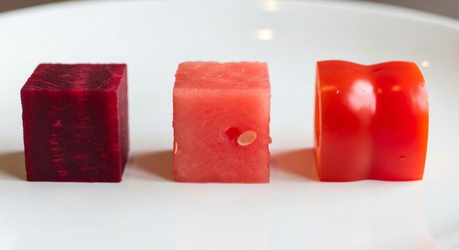 Three cubes of food beetroot, watermelon, and red bell pepper, arranged on a white plate