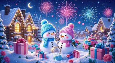 Two cute snowmen in winter wonderland with fireworks and gifts