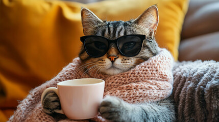 A cat wearing dark glasses and wrapped in a blanket. The cat holds a cup in its paws, creating an atmosphere of coziness and comfort, as if it were resting on a sofa.