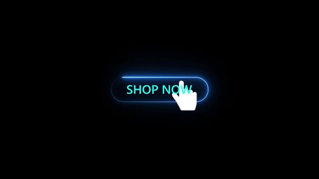 Glowing neon shop now button with hand click icon representing ecommerce, online shopping, call to action, digital marketing, online business, purchase button and website UI concept design 4