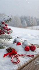 A festive, panoramic Christmas scene. The foreground features a wooden surface covered in a thick layer of pristine white snow. Scattered across the snow are several red Christmas ornaments of varying