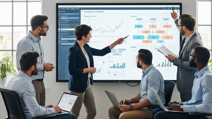 Business professionals collaborating on data analysis in a modern office meeting room - Powered by Adobe
