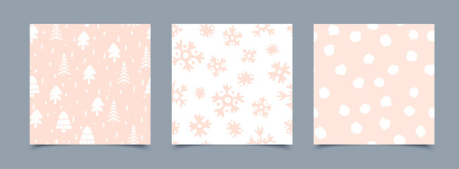 Pink winter Scandinavian seamless pattern set. Vector soft New Year forest and snowflakes print collection, cute Christmas tree background, spruce fir texture for wrapping, fabric, season cozy textile