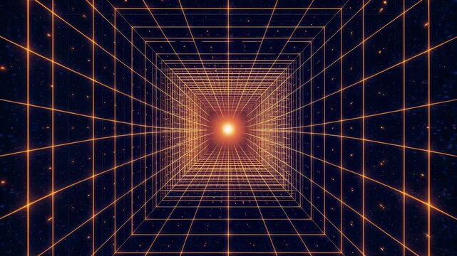 Golden grid tunnel stretching into space with glowing central light. Great for sci-fi intros, virtual reality demos, data visualizations and retro-futuristic designs.
