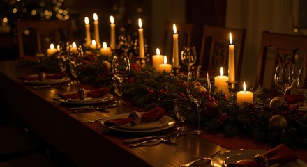 Candlelit table setting with festive decorations creates a warm and inviting ambiance for a special occasion