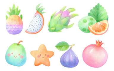 Colorful Watercolor Illustrations of Isolated Fruits and Vegetables on Transparent Background