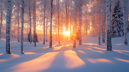 Golden sunbeams pierce through snow covered birch trees in a magical winter forest at sunrise