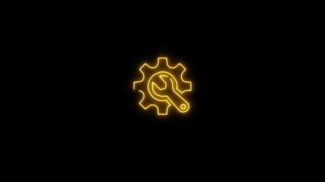 Abstract neon setting icon, Cogwheel with wrench spanner symbol animation. Animated Icon for mechanic maintenance, workshop repair tool. Or web preference setting, on black background.