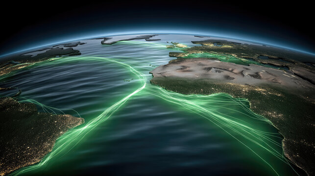 Aerial view of stylized globe with glowing green data lines, digital network connections, futuristic technology concept