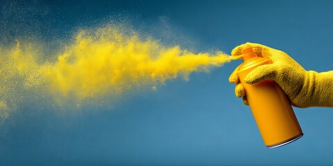 Hand holding yellow spray bottle on blue background