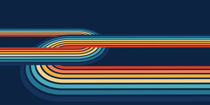 Colorful retro abstract background from the 1970s with rainbow lines &ndash; vintage vector design for modern art posters, decorative items, retrofuturism wallpaper, trendy linear templates