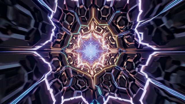 Futuristic metallic tunnel illuminated by electric light lines and glowing hex patterns. Excellent for technology presentations, sci-fi sequences, data visualizations and product promos.
