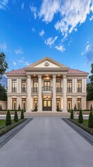 Elegant two-story villa with classical architecture featuring grand columns and balconies against a stunning sky