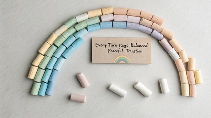 Colorful arrangement of pastel chalks forming a rainbow with an inspirational message on a smooth surface