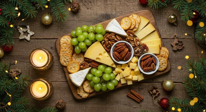 Festive cheese board with grapes, nuts, and crackers surrounded by christmas decorations