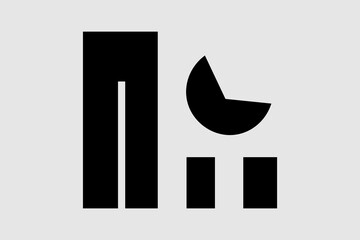 The image shows a combination of a bar chart and a pie chart. The bar chart has three vertical bars of different heights, while the pie chart has a missing slice, representing a portion of data.