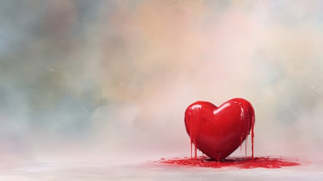 A vibrant red heart with dripping texture, set against a soft, blurred background, This image symbolizes love and emotion, suitable for themes involving romance, heartbreak, or artistic expression,