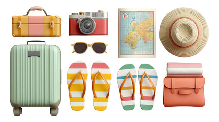 Colorful Summer Travel Essentials Flat Lay with Luggage, Camera, Hat, and More
