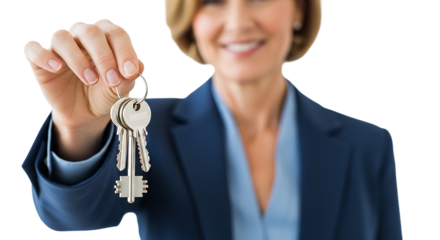 A woman presents keys, symbolizing new beginnings and opportunities, showcasing trust and a promising future.
