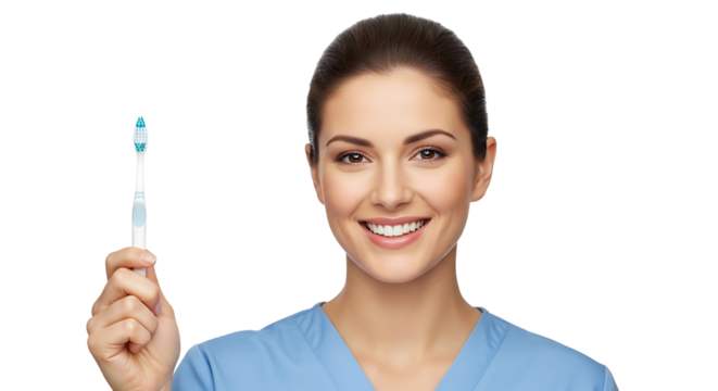 Dental professional promotes oral hygiene, with a bright smile and holding toothbrush, ensuring dental health and care.
