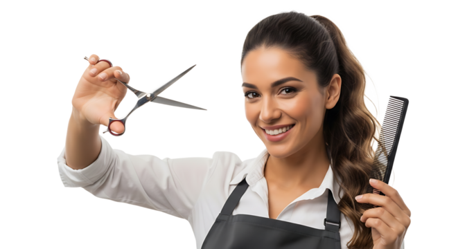 Confident hairdresser with scissors and comb, ready to style and transform, smiling with expertise and style.