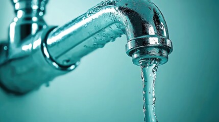 A close-up of a shiny metal faucet with water flowing from it against a blue background.
