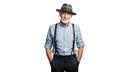 Confident senior man with a charming smile, wearing a hat and suspenders, exudes timeless style and sophistication.