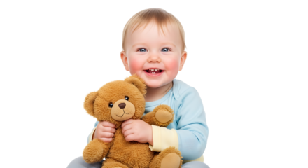 A toddler is holding a teddy bear while wearing a blue shirt and a joyful expression on their face. Cuteness overload!