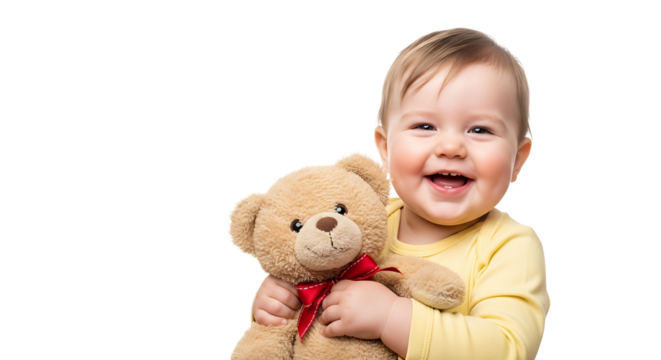 A happy toddler with a joyful smile embraces a cuddly teddy bear, radiating warmth and innocence in a charming portrait. 