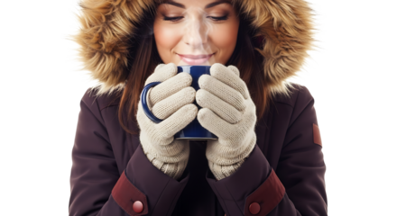 A warm drink for a cold day: woman wrapped in a fur trimmed coat enjoys a steaming mug of her favorite hot beverage.