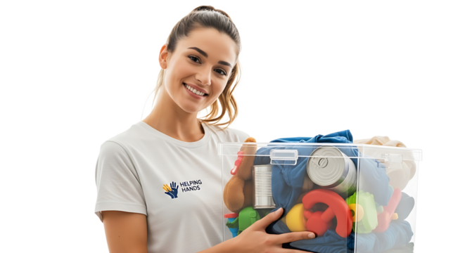 Smiling woman volunteering and donating items, holding clear box of clothes, toys, and food supplies for charity.