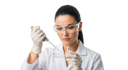Focused lab researcher in goggles carefully pipetting liquid into a petri dish for scientific medical analysis.