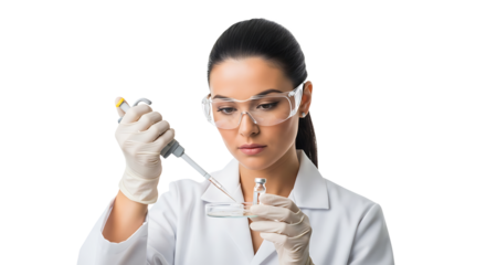 Focused lab researcher in goggles carefully pipetting liquid into a petri dish for scientific medical analysis.