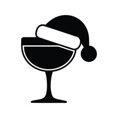 Christmas Cocktail Glass with Santa Hat Icon, Santa Hat on a Coupe Glass Symbol, Festive Wine Glass Black and White Vector, Holiday Drink Silhouette, illustration, vector.