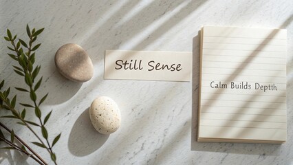 Tranquil Composition with Natural Elements and Inspirational Quotes on a Light Textured Surface