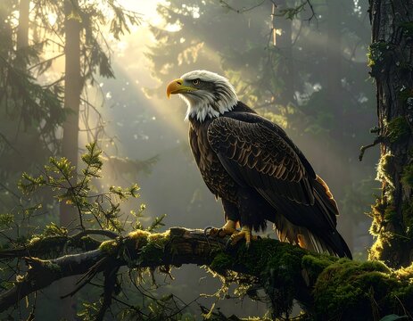 Majestic bald eagle perched on a mossy branch in a sunlit forest - Powered by Adobe