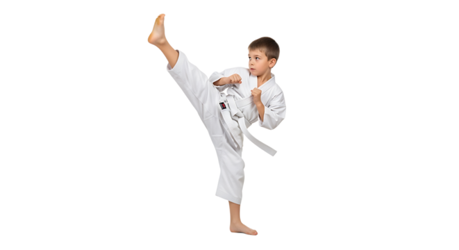 Young boy demonstrating a karate kick with precision and focus, wearing a white uniform and white belt, against a plain background.