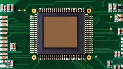 A close-up view of an integrated circuit on a motherboard showcasing advanced technology and intricate data transfer at a tech hub