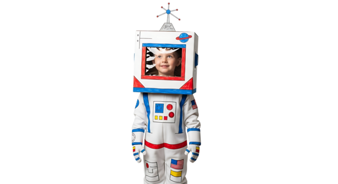 Young child with a box over their head and wearing a spacesuit costume, ready for imaginary adventures in space.