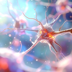 Microscopic view of neuron cells, exhibiting glowing structures