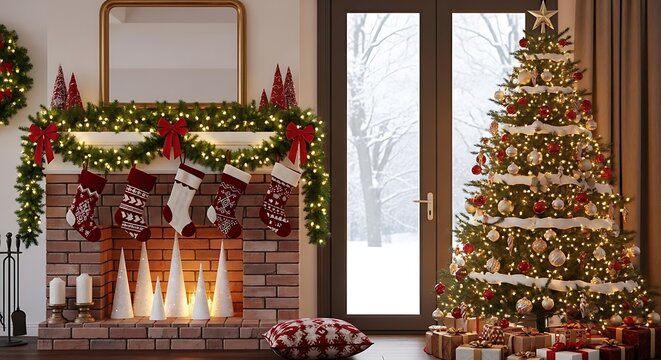 Cozy and festive christmas living room interior with a beautifully decorated fireplace, glowing christmas tree, gifts, and snowy window view