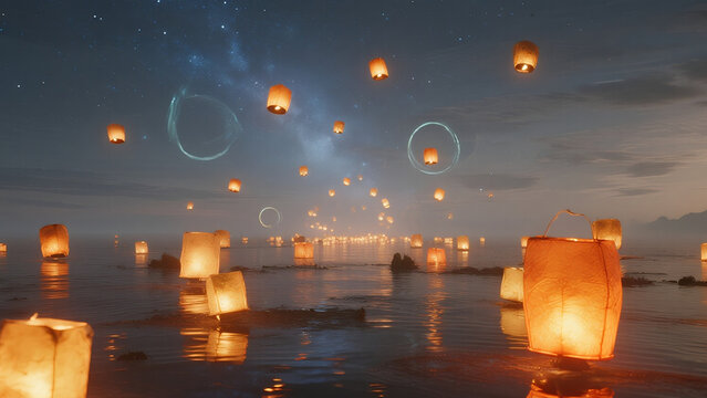 floating paper lanterns forming circle on calm midnight water