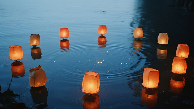 floating paper lanterns forming circle on calm midnight water - Powered by Adobe