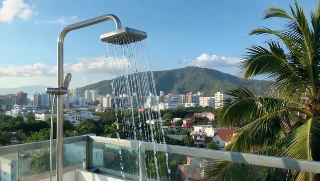 cinematic 4k footage capturing outdoor rooftop shower cascading water overlooking stunning coastal cityscape nha trang vietnam august 13 2026 framed lush tropical plants mountain horizons modern
